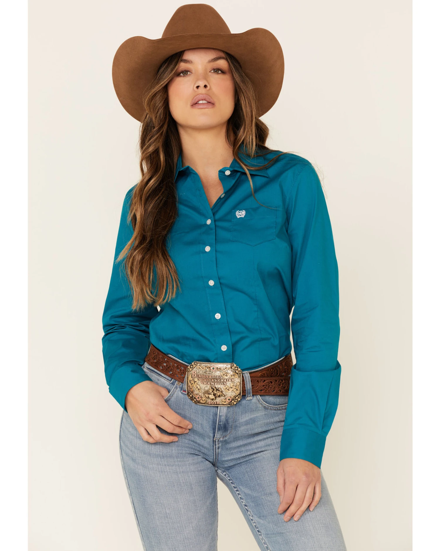 Cinch Women's Teal Solid Button Front Long Sleeve Western Shirt - Image 3