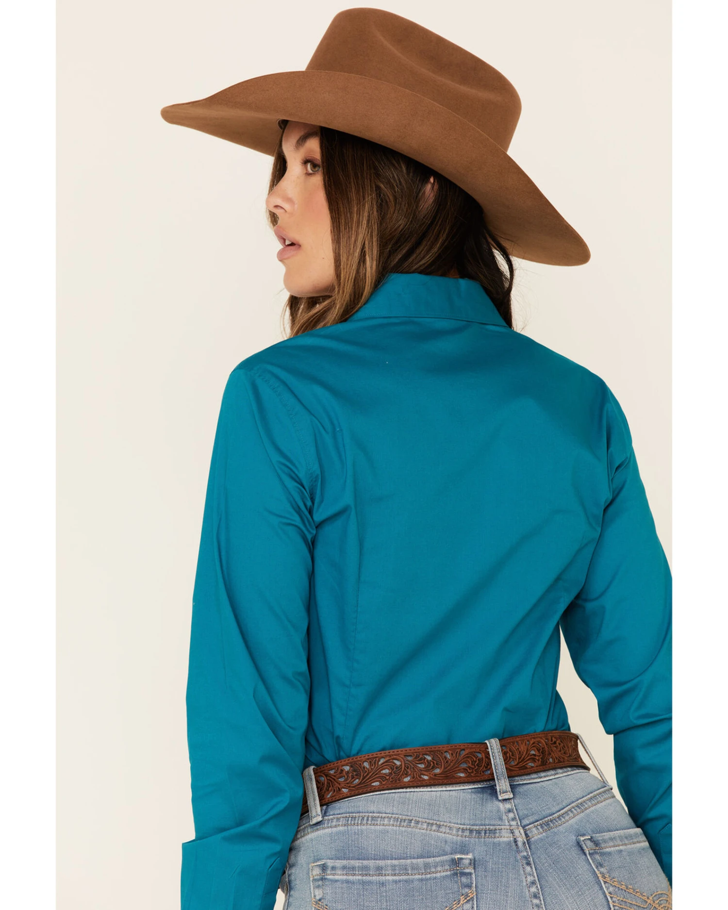 Cinch Women's Teal Solid Button Front Long Sleeve Western Shirt - Image 5