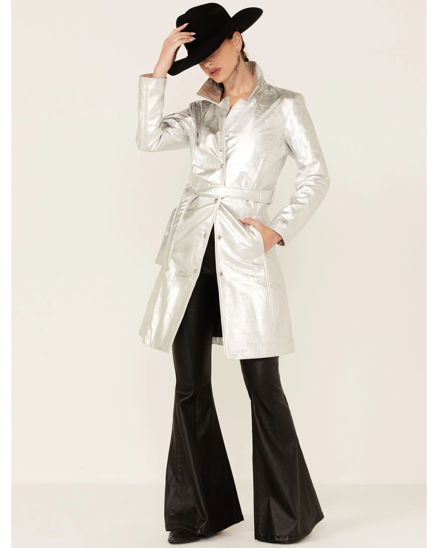 Understated Leather Women's Silver Metallic Moondust Trench Coat - Image 2