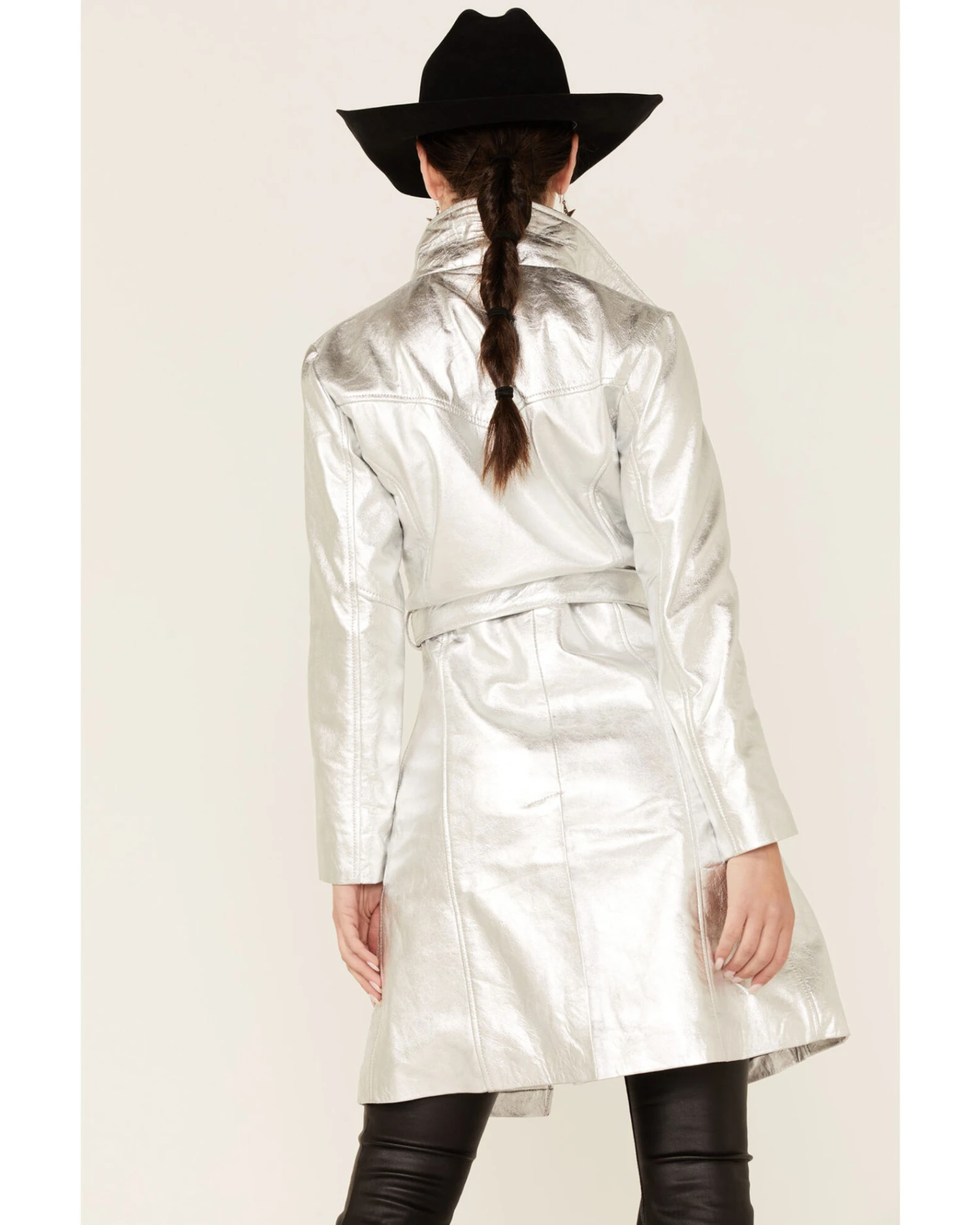 Understated Leather Women's Silver Metallic Moondust Trench Coat - Image 5