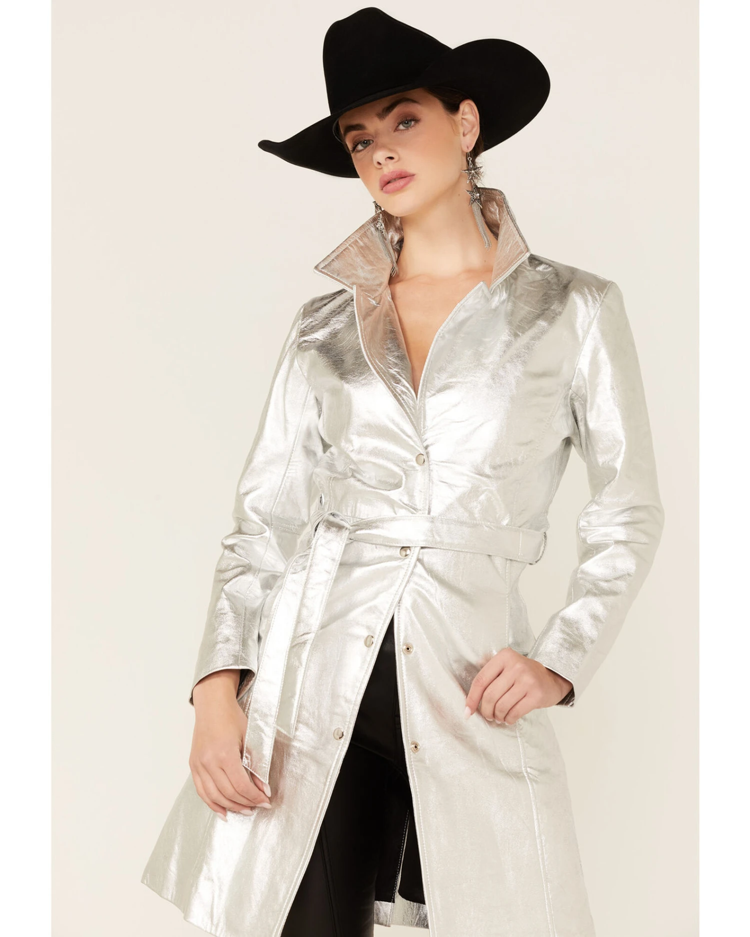 Understated Leather Women's Silver Metallic Moondust Trench Coat - Image 4