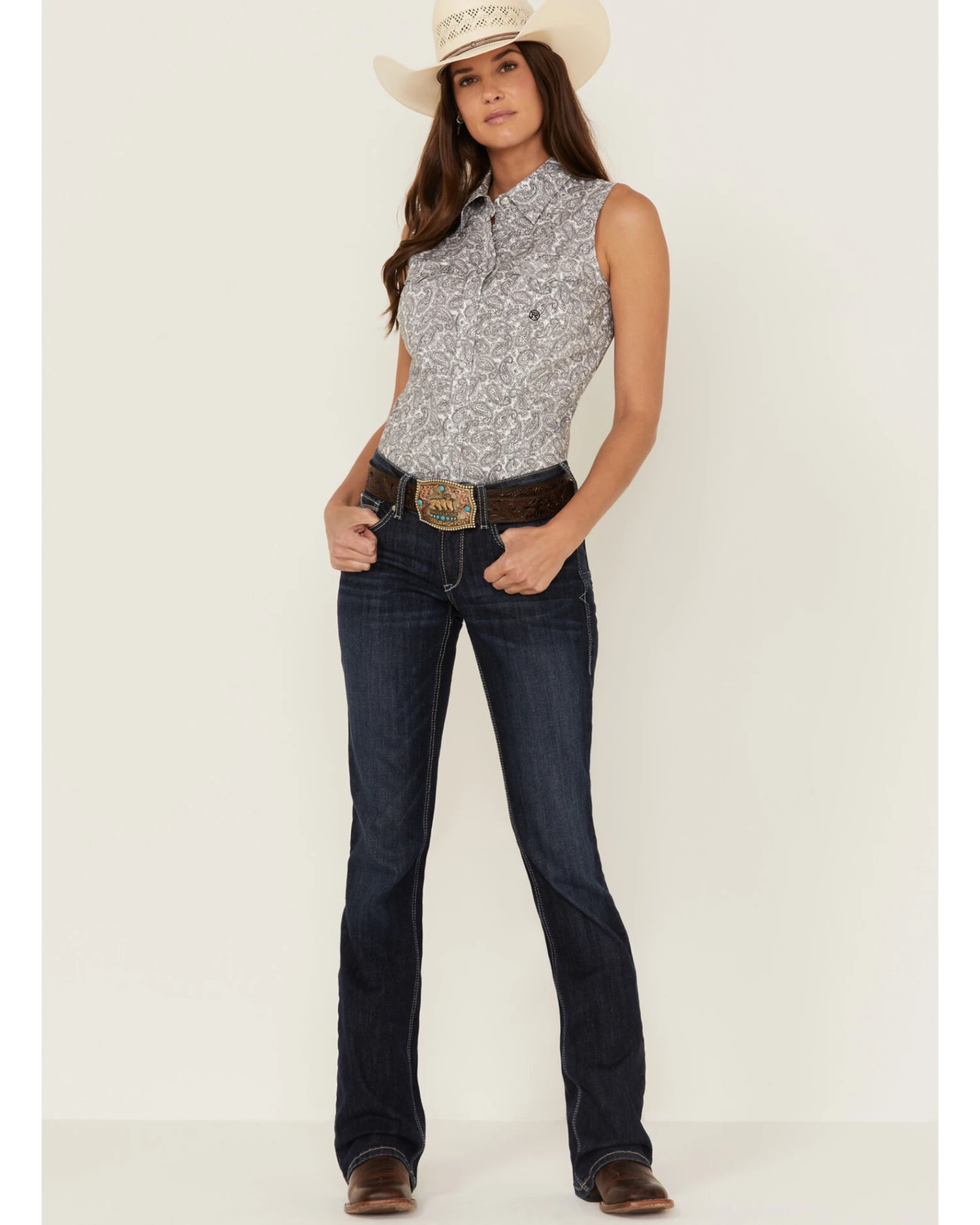 Roper Women's Paisley Print Sleeveless Pearl Snap Western Shirt - Image 2