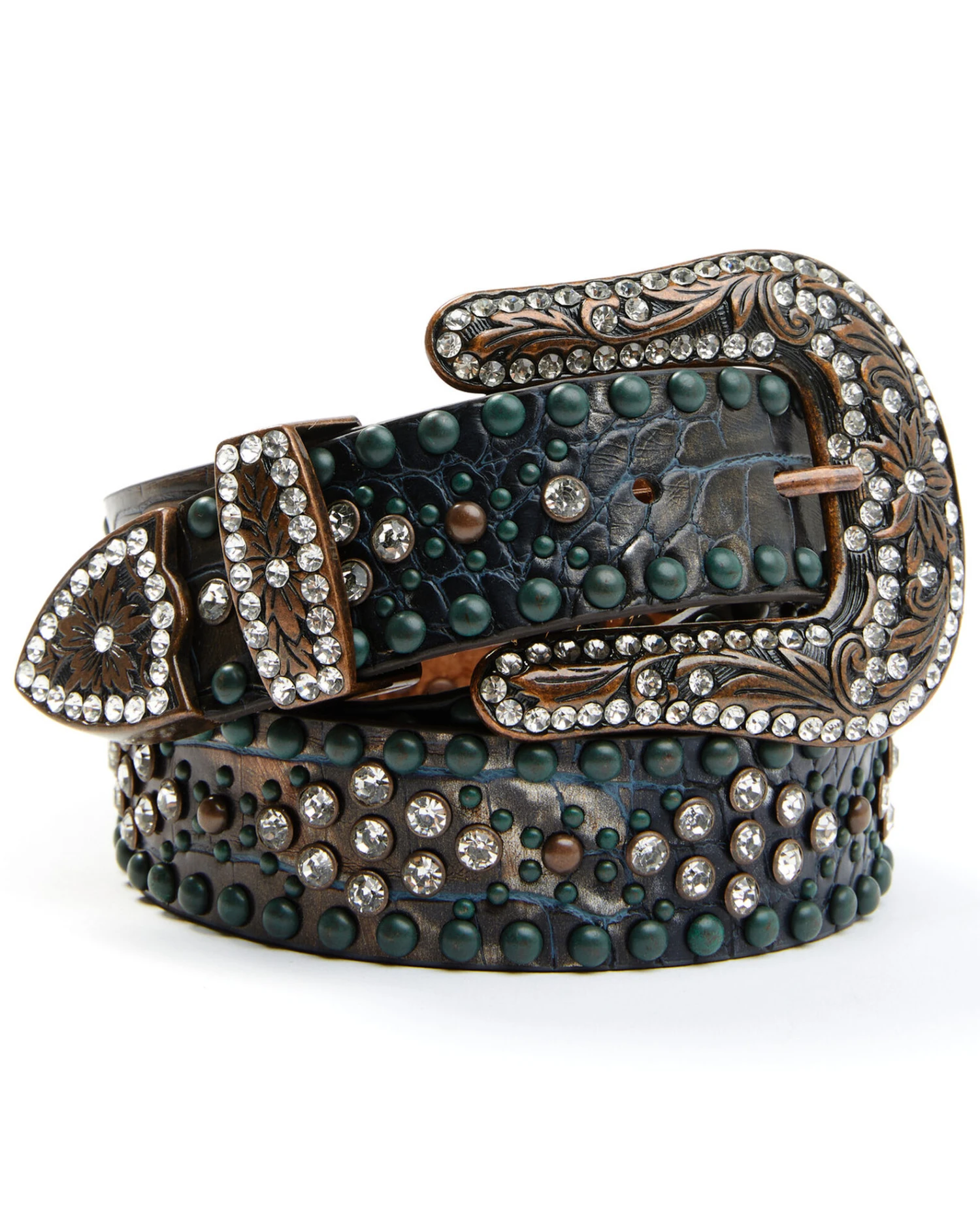 Shyanne Women's Copper Distressed Croc Turquoise & Rhinestone Bling Belt - Image 2