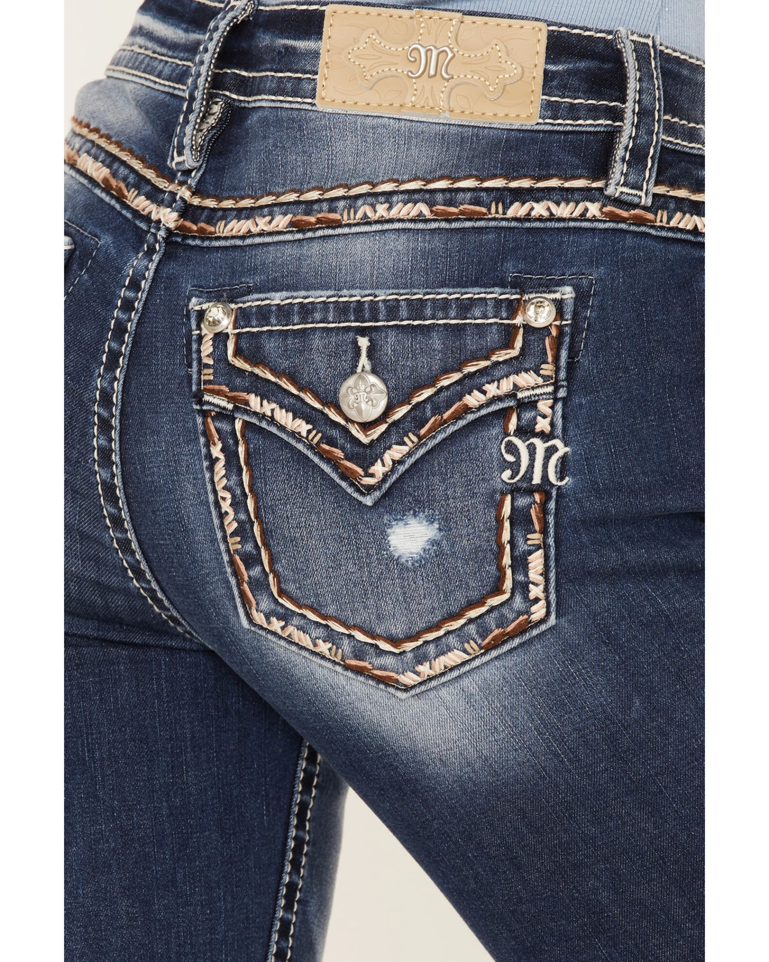Miss Me Women's Dark Wash Mid Rise Embroidered Rhinestone Distressed Straight Jeans
