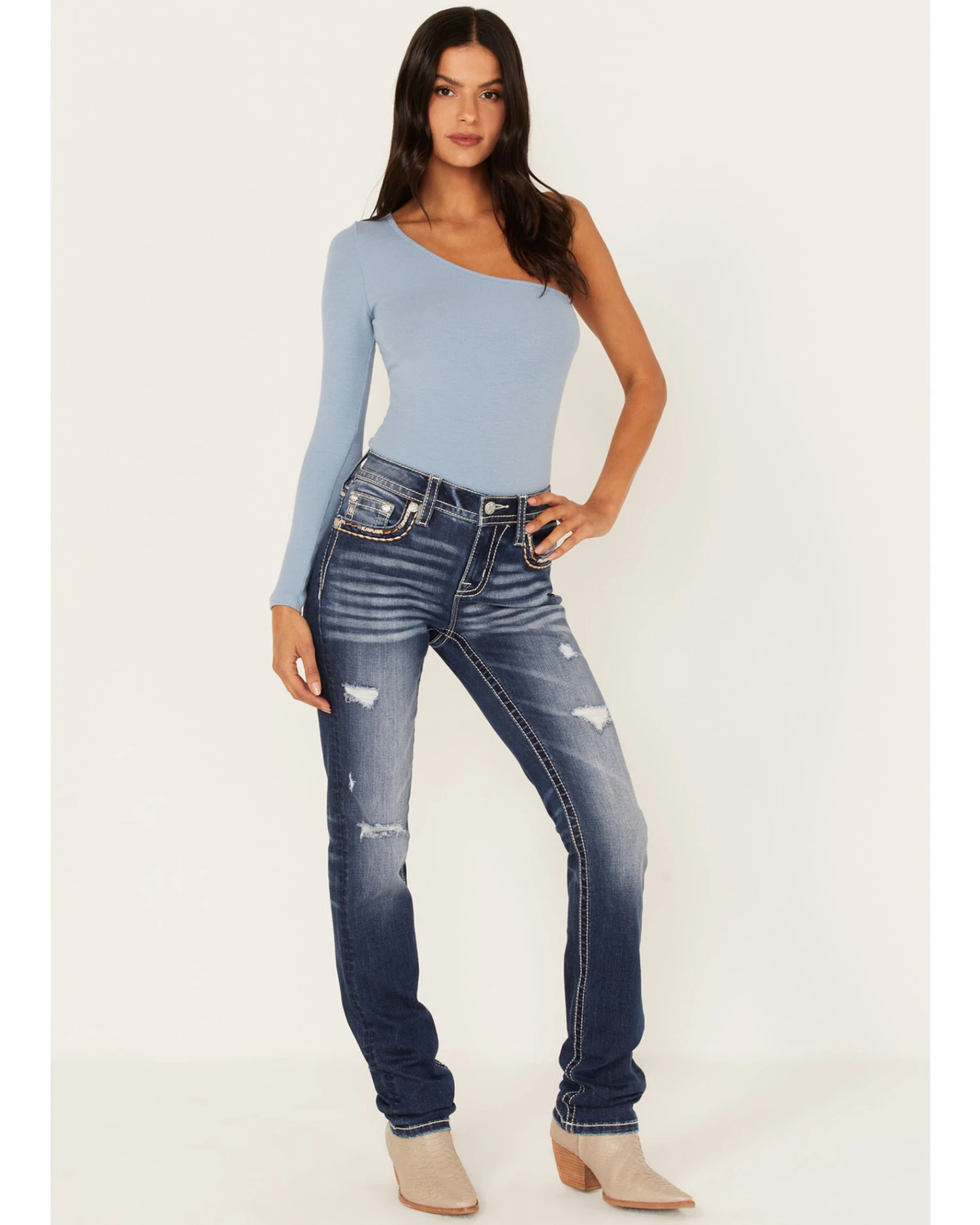 Miss Me Women's Dark Wash Mid Rise Embroidered Rhinestone Distressed Straight Jeans - Image 3