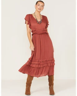 Stetson Women's Flutter Sleeve Ruffle Tier Midi Dress