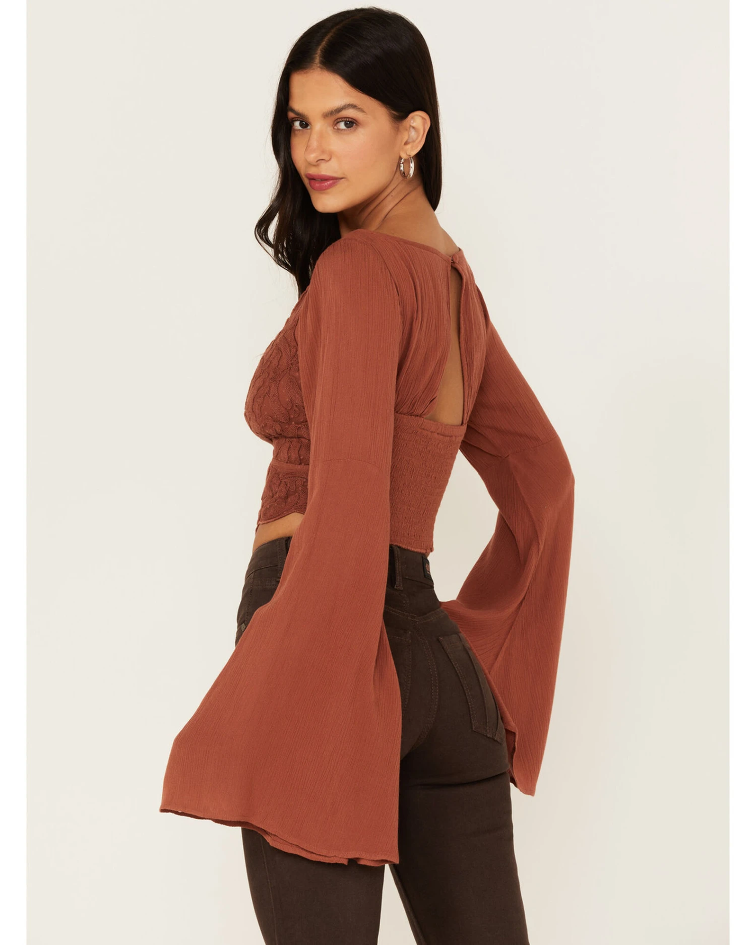 Shyanne Women's Embroidered Mesh Dot Poet Sleeve Crop Top - Image 2