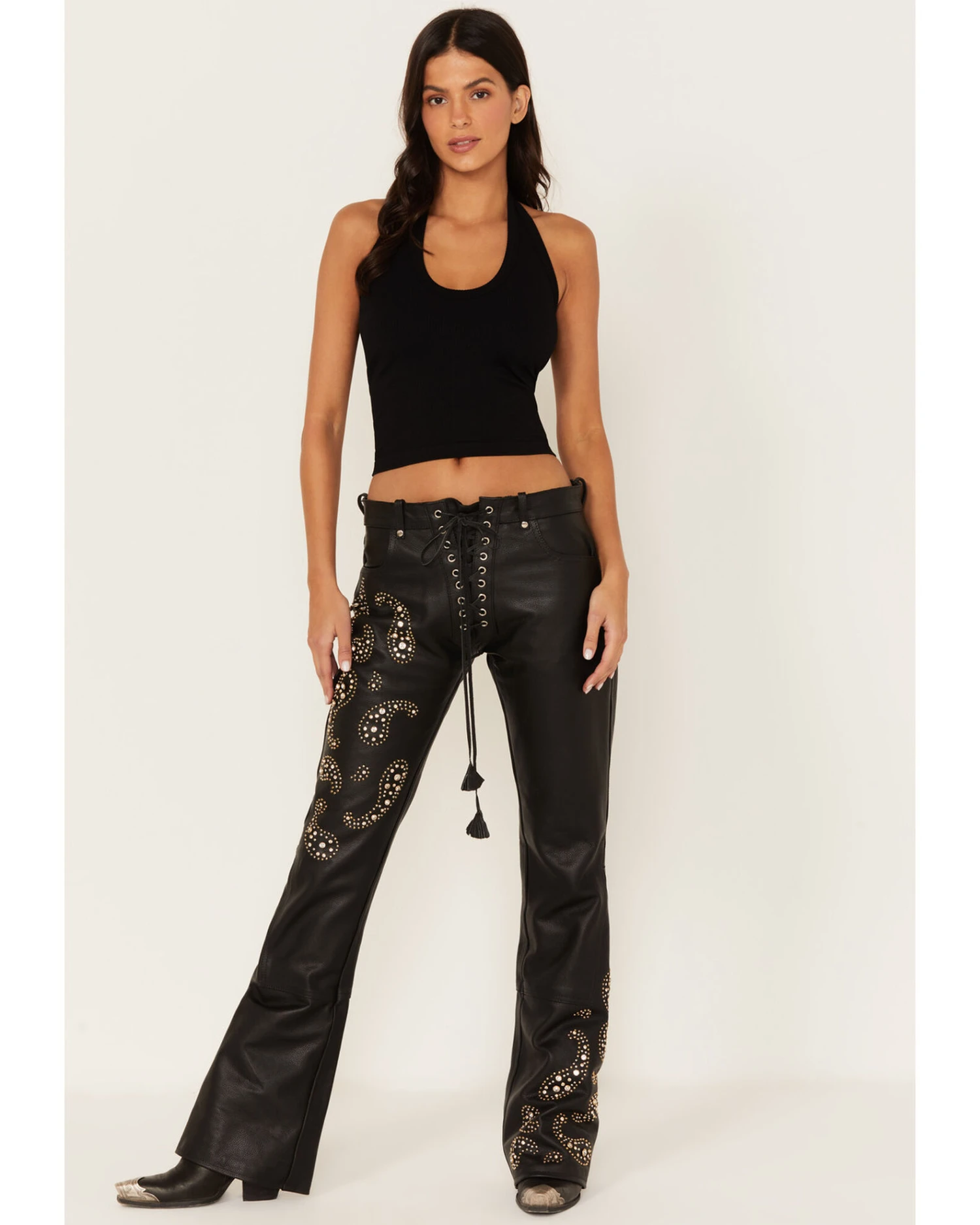 Boot Barn X Understated Leather Women's Rhinestone Studded Lace-Up Flare Leather Pants - Image 3