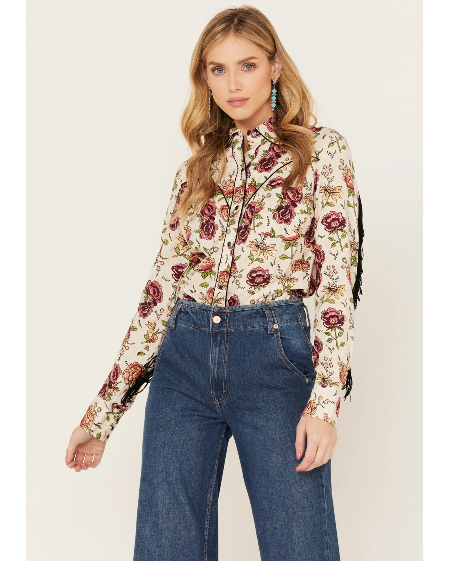 Rock & Roll Denim Women's Fringe Floral Long Sleeve Western Shirt - Image 2