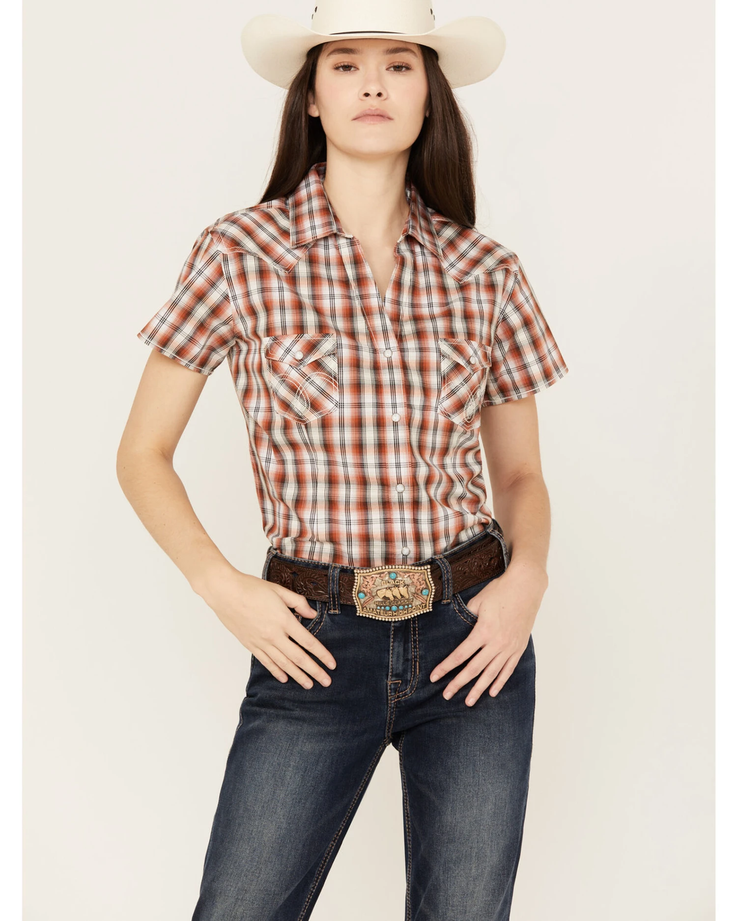 Rough Stock By Panhandle Women's Plaid Print Stretch Short Sleeve Western Snap Shirt - Image 4