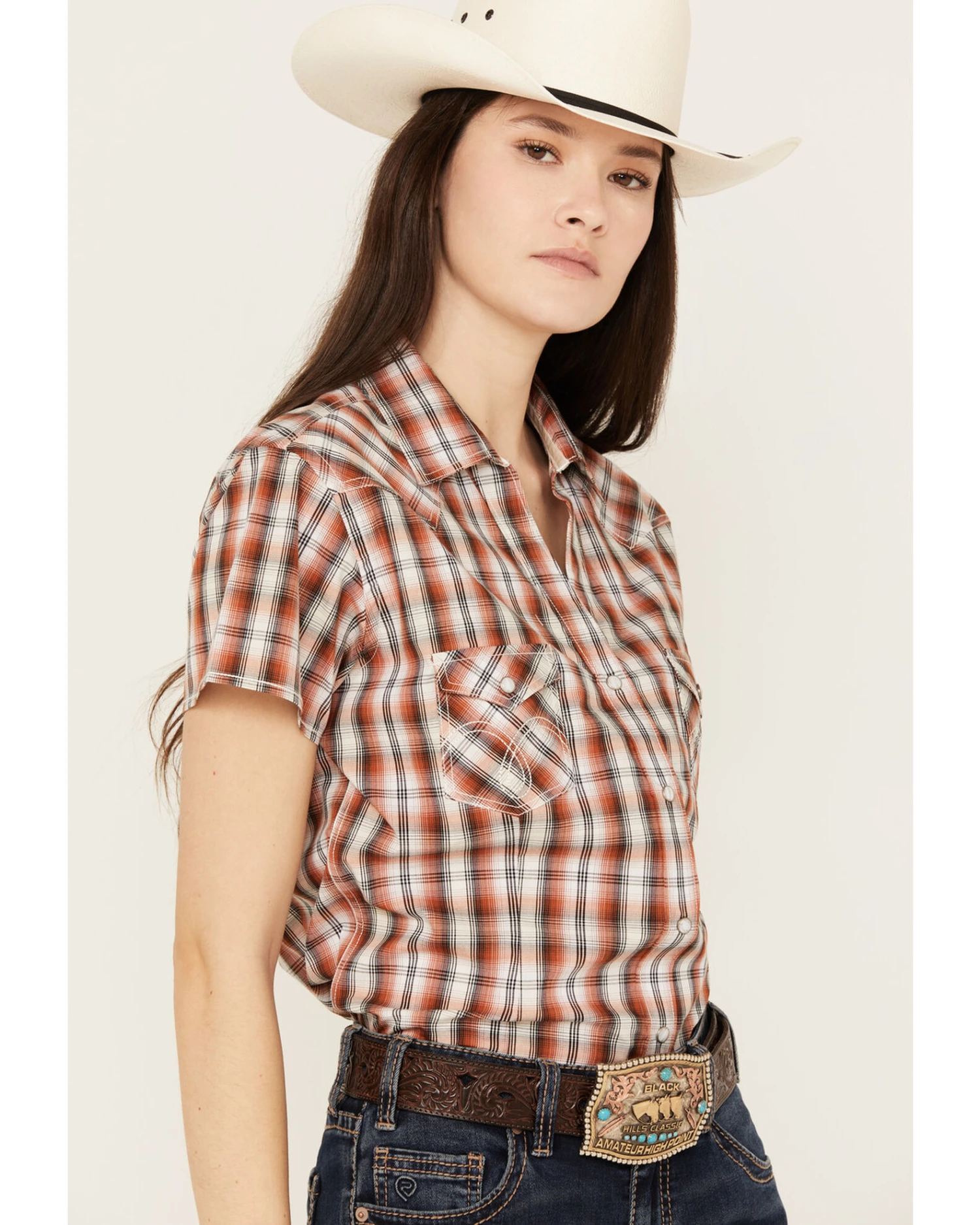 Rough Stock By Panhandle Women's Plaid Print Stretch Short Sleeve Western Snap Shirt