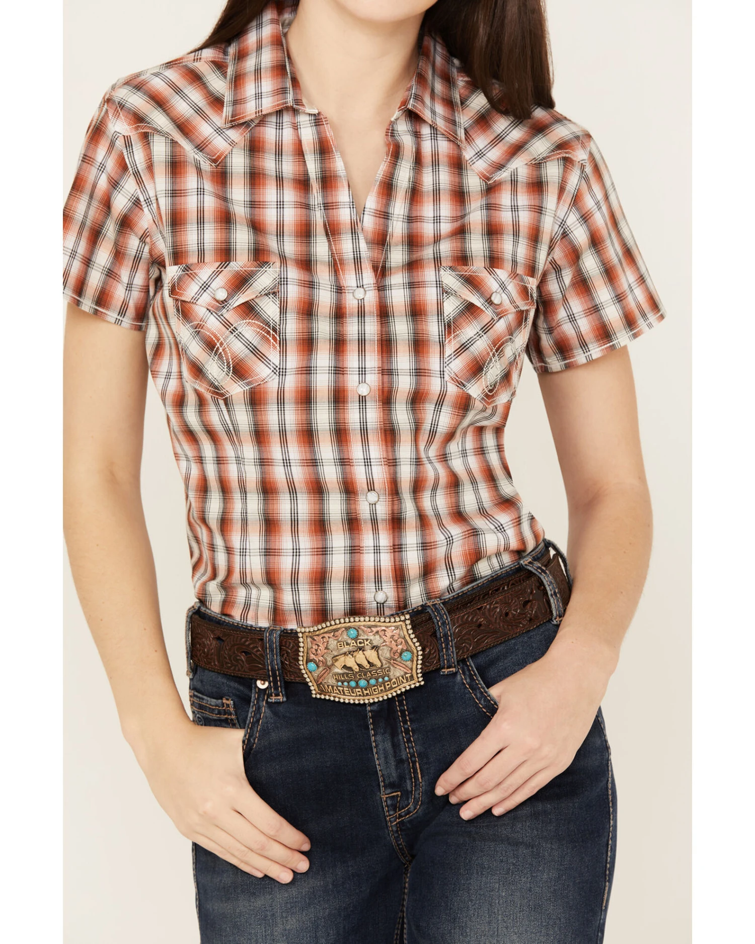 Rough Stock By Panhandle Women's Plaid Print Stretch Short Sleeve Western Snap Shirt - Image 2