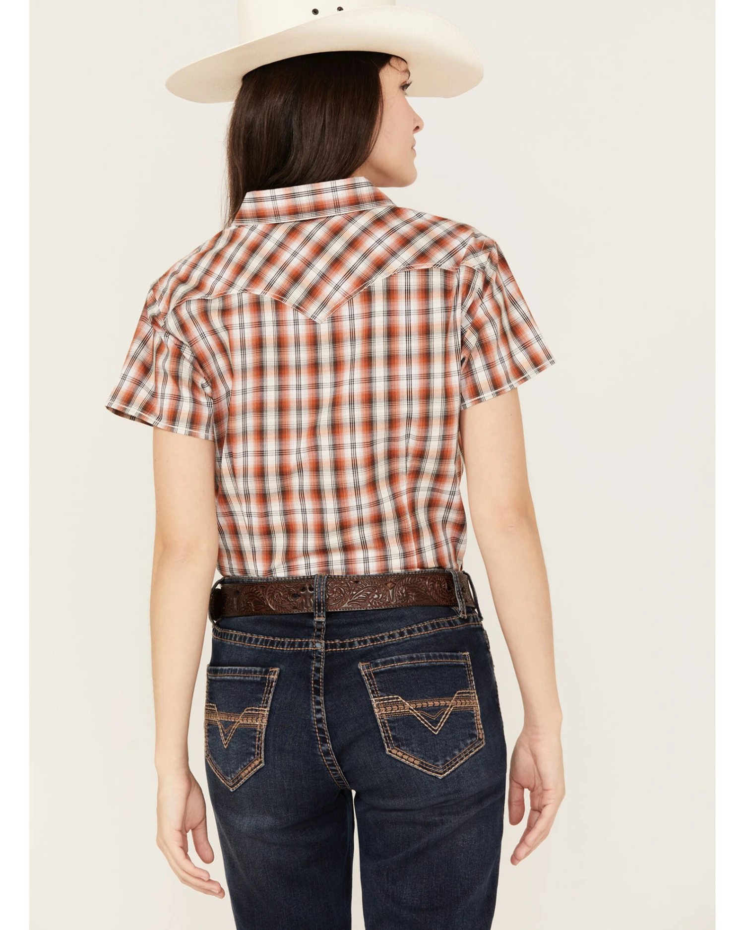 Rough Stock By Panhandle Women's Plaid Print Stretch Short Sleeve Western Snap Shirt - Image 3