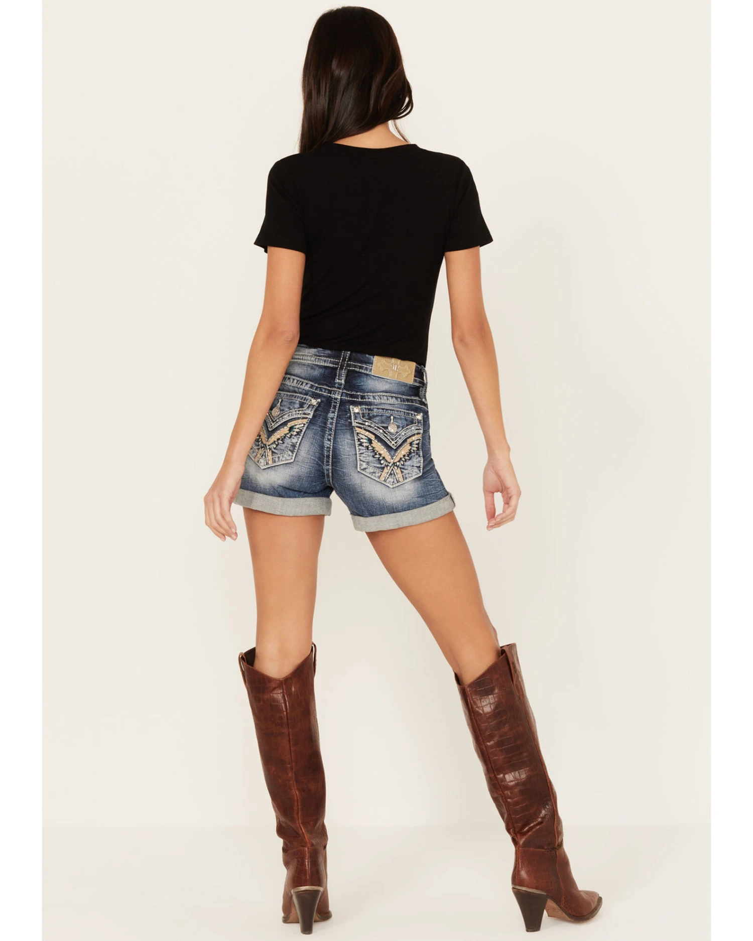 Miss Me Women's Dark Wash Mid Rise Wing Feather Double Roll Hem Shorts - Image 4