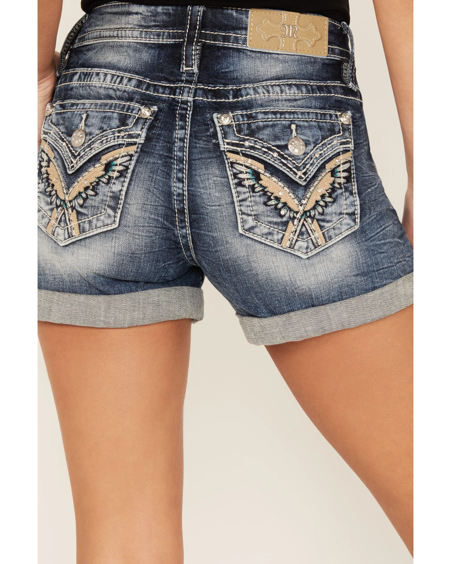 Miss Me Women's Dark Wash Mid Rise Wing Feather Double Roll Hem Shorts - Image 3