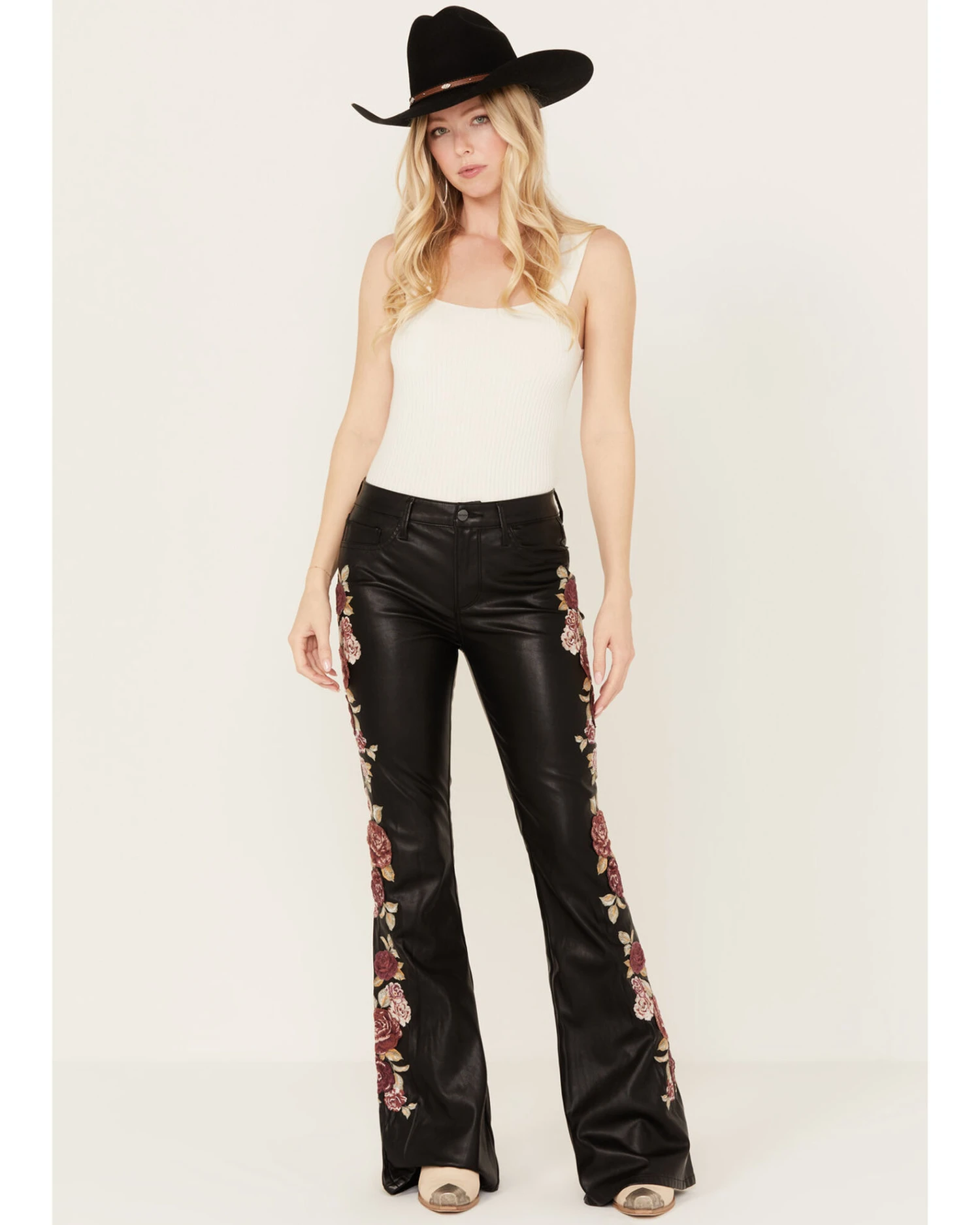 Driftwood Women's High Rise Vegan Leather Fallen Roses Flare Pants - Image 4