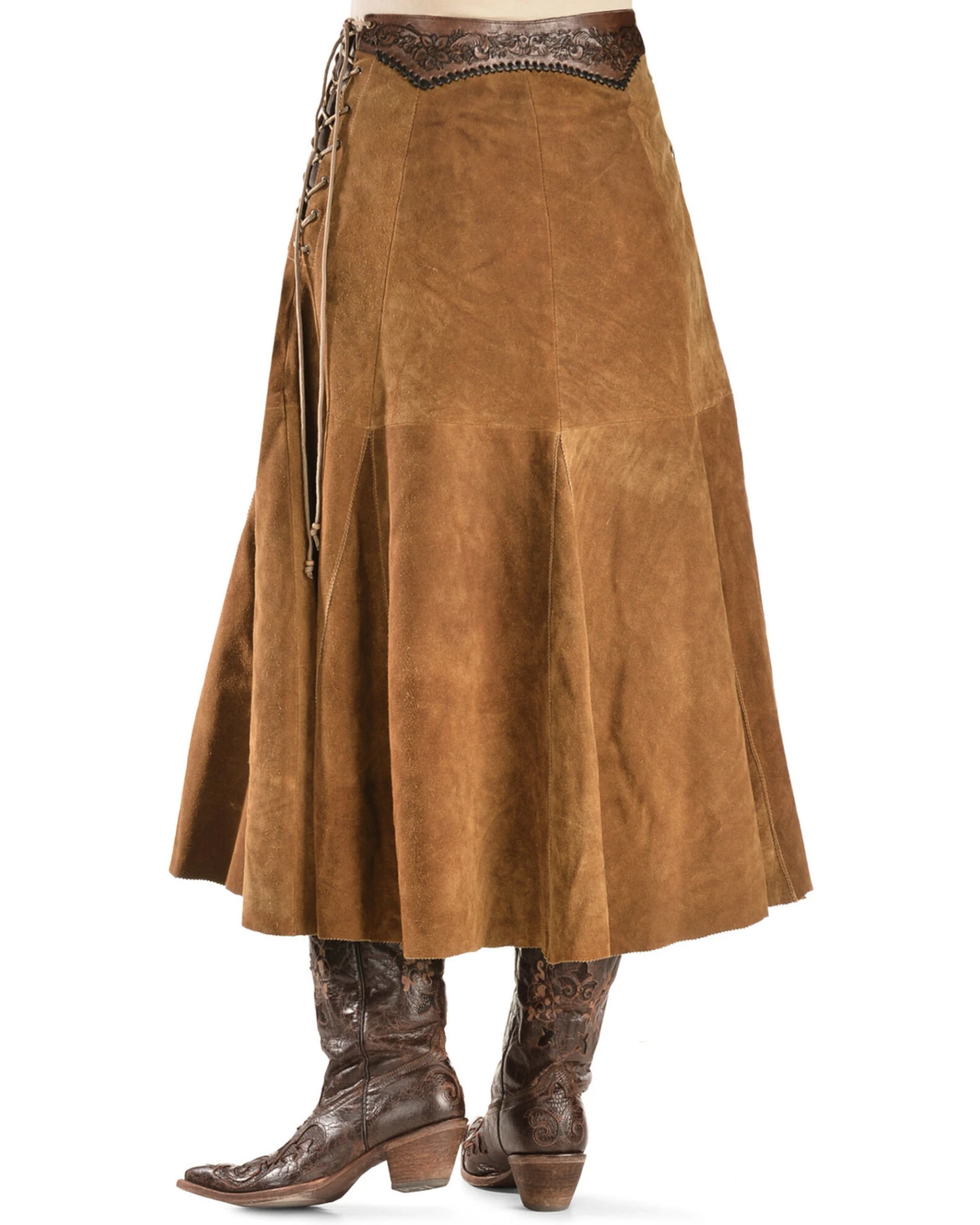 Kobler Leather Women's Choctaw Tooled Leather Lace-Up Suede Skirt - Image 4